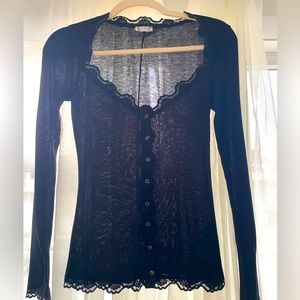 Free People Intimates L/S Black lace trimmed shirt. SZ S